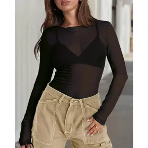 Spring Clothes Women's Contour Long Sleeve Mesh Body Sculpting Top Premium Seamless Leotard for Evening Waer & Trendy Outfits Breathable Comfortable Versatile Stylish Design