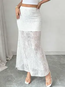 Women's Plain Patchwork Long Skirt, Lace Trim, Elegant Fashion, Suitable for Formal and Casual Wear, Natural Waist Design