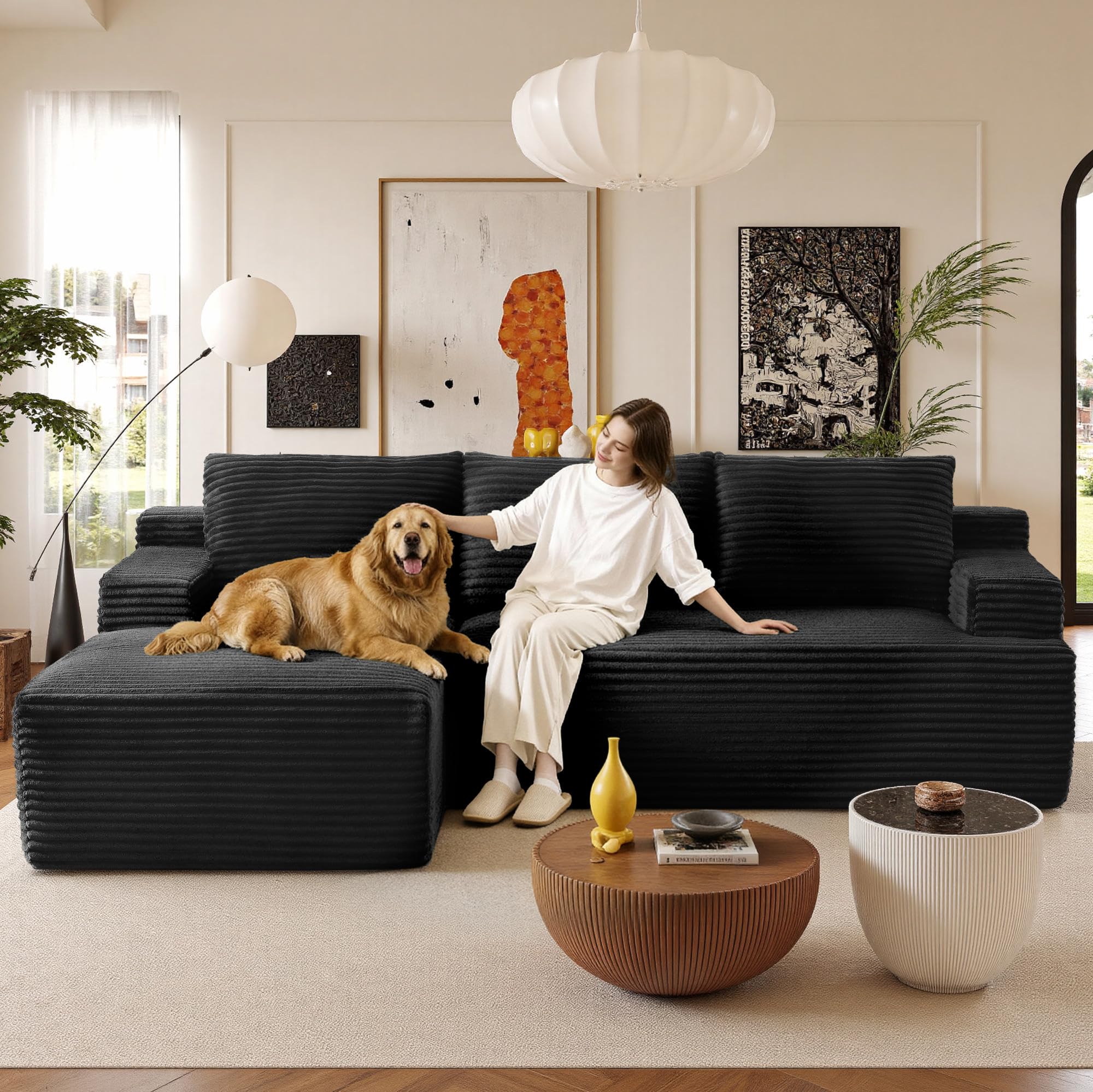 96-Inch L-Shaped Modular Corduroy Sofa with Chaise, Moderate Deep Seat, Vacuum-Packed, No-Assembly Indoor Furniture for Apartments & Condos