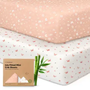 Fitted Pack and Play Sheets 2-Pack Mini Crib Sheets for 38x26 Pack N Play Mattress, Soft Cozy Neutral Toddler Playard Bedding, Snug Fitted Mini Baby Crib Mattress Cover for Boy Girl (Butterflies)