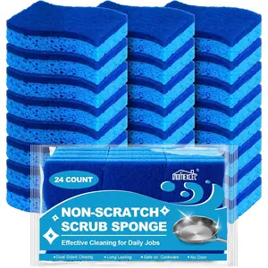 Sponges Kitchen 24pcs Non-Scratch for Dishes, Blue Scrub Cleaning Sponge for Non-Coated Cookware, Dishes, Pots, Pans, Dual Sided Dish Sponge for Kitchen, Household, Bathroom