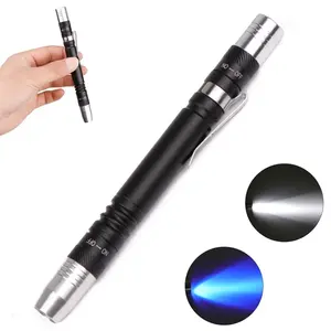 1PC UV Blacklight Flashlight, 395nm LED Pen Light with Clip，, Portable Mini Torch, White Purple 2 Light Source for Pet Urine, Stains, Bed Bug & Scorpion Detection