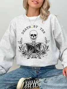 Death by TBR Oversized Hoodie, Skeleton Book Lover Sweatshirt, Cozy Bookish Graphic T-shirt for Readers and Literary Lovers