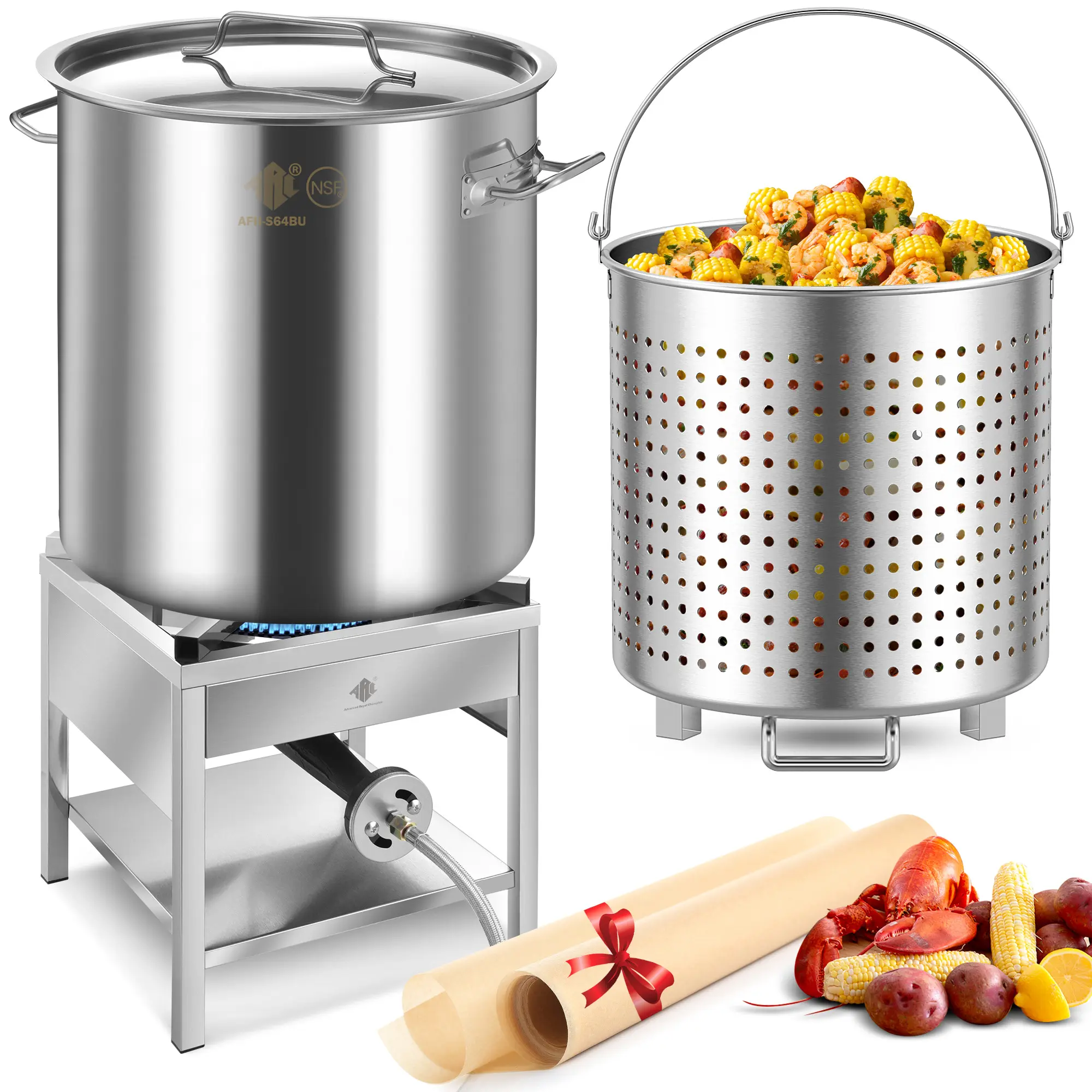 64/84/100QT Stainless Steel Seafood Stockpot Set, Including 200,000BTU Propane Burner, Large Cooking Basket for Outdoor Deep Fryer, Turkey Fryer, Crab, Crawfish, Shrimp, Lobster Boiling Stock Pot Durable Cookware Holes
