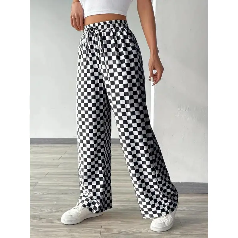 Women's All Over Checkerboard Print Drawstring Waist Straight Leg Pants, Casual Comfy High Waist Trousers for Daily Wear, Ladies Bottoms for All Seasons