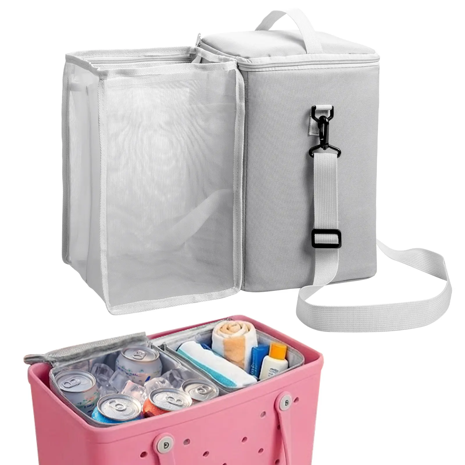 Bogg Bag Cooler Insert, 2-in-1 Insulated Cooler & Mesh Organizer for Large Bogg Bag, Leakproof PEVA Cooler Bag with Strap, Large Rubber Beach Bag Accessories for Beach, Pool, Camping & Travel