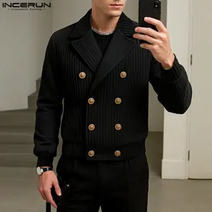 INCERUN Men's Stylish Traditional Long-Sleeve Ribbed Knitwear Jacket, Autumn-Winter Double-Breasted Cropped Top with Hem, Soft Fabric Menswear for Casual Urban Daily Wear
