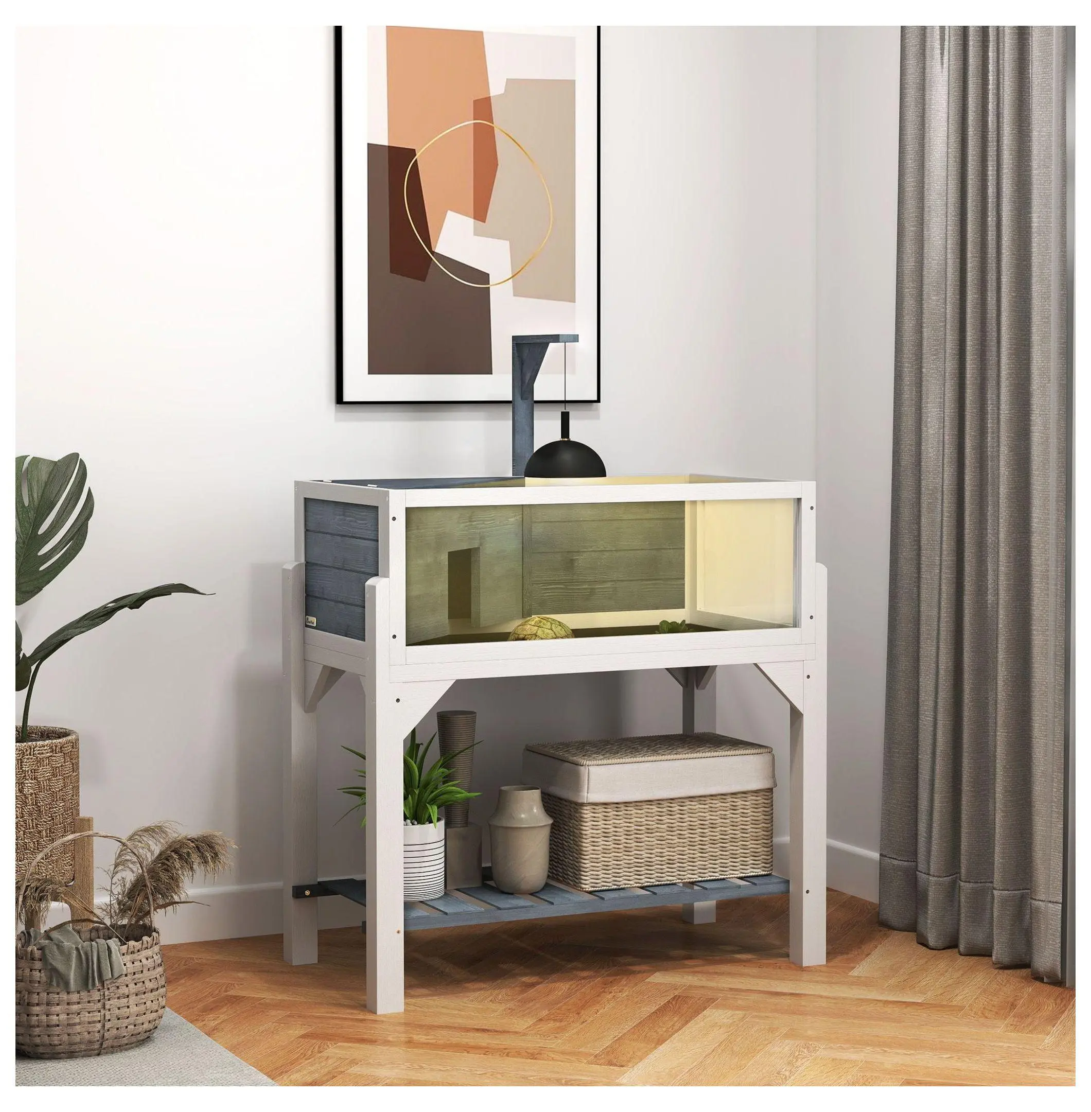 Tortoise Habitat Wooden Enclosure with Clear Windows, Open Top & Lamp Holder - Gray Reptile House for Tortoises, Turtles, and Small Pets