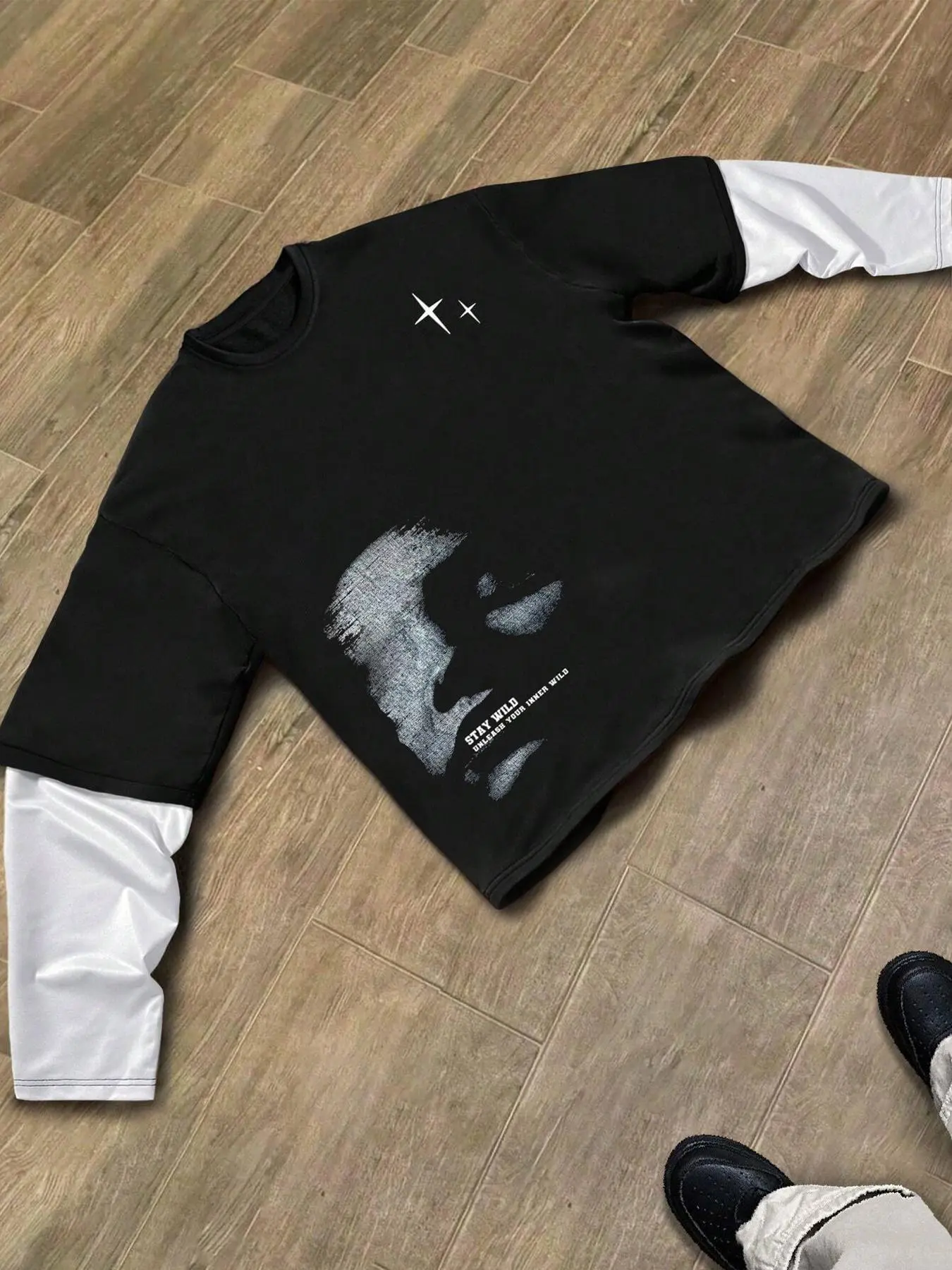 Unisex Colorblock Street Style Streetwear Graphic Print 2 in 1 Double Layer Long Sleeve Tee, Regular Fit Fitted Casual Comfy Street Fashion Round Neck T-shirt for Spring & Fall, Fashion Top for Daily Wear Man Fabric, Casual Streetwear Looks