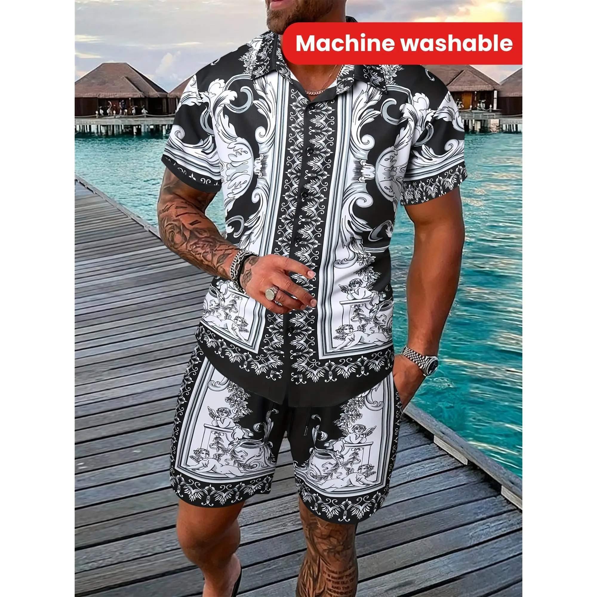Men's 2-Piece Polyester Woven Pajama Set - Short-Sleeve Collared Neck Shirt, Regular-Fit Pants for Summer Loungewear, Nightwear (Sizes Include XXL, No Restrictive Fit)