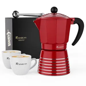 Red Moka Pot, Stovetop Espresso Pot, 6-Cup Capacity, Comes with Powder Scoop and Tongue, Italian, Cuban, and Greek Coffee Pot, Made of Aluminum, Durable, Easy to Use and Clean, Coffee Percolator, 300ml Classic Model (Cup Not Included)