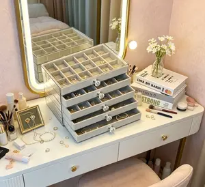 3/5-Tier Clear Acrylic Jewelry Box - Stackable Organizer for Earrings, Necklaces, Rings & Bracelets. Multi-compartment, space-saving design for vanity & desktop use.