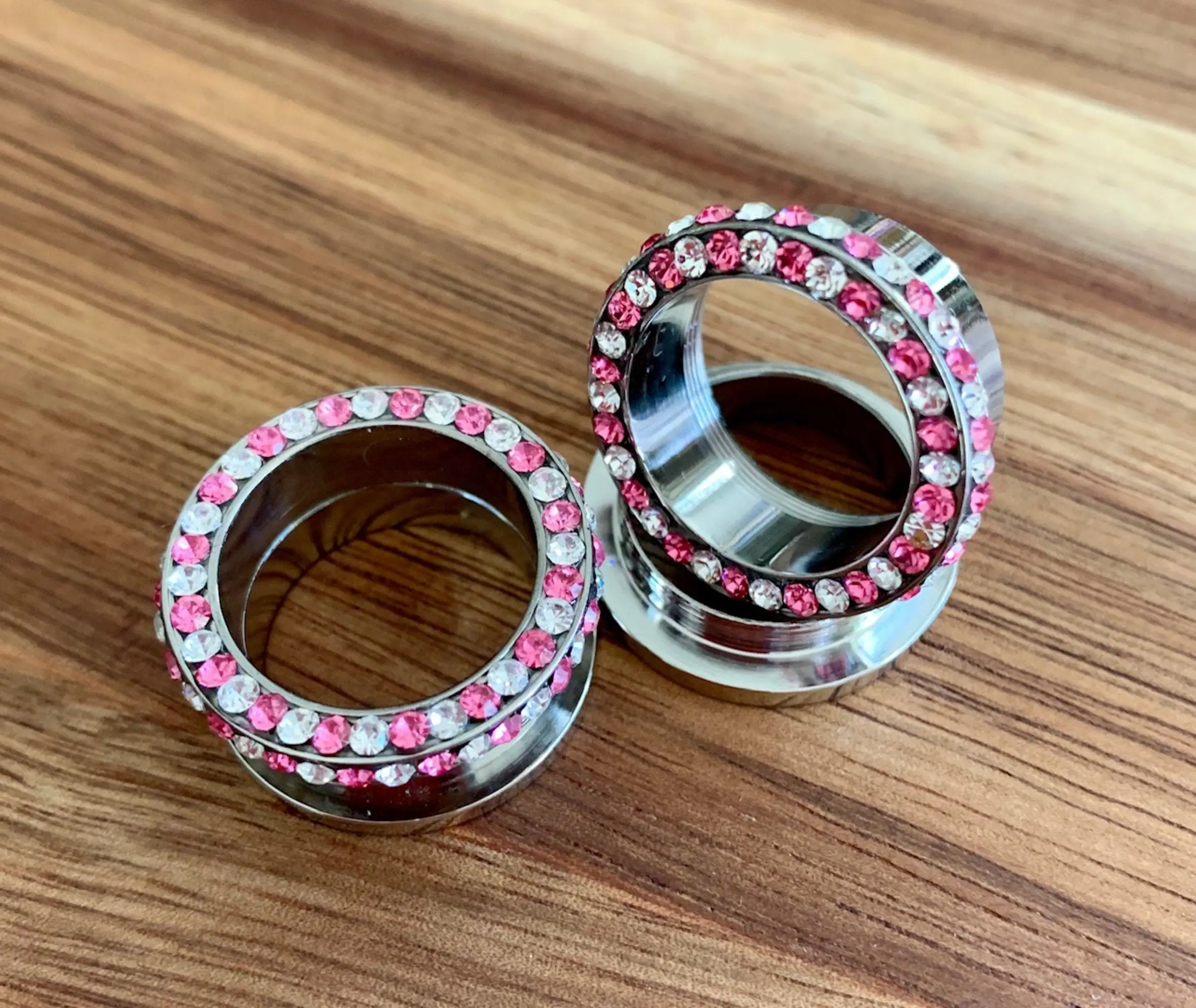 PAIR of Stunning Internally Threaded Tunnels with Pink & Clear Rim and Side Gems - Gauges 2g (6mm) thru 3/4" (16mm)