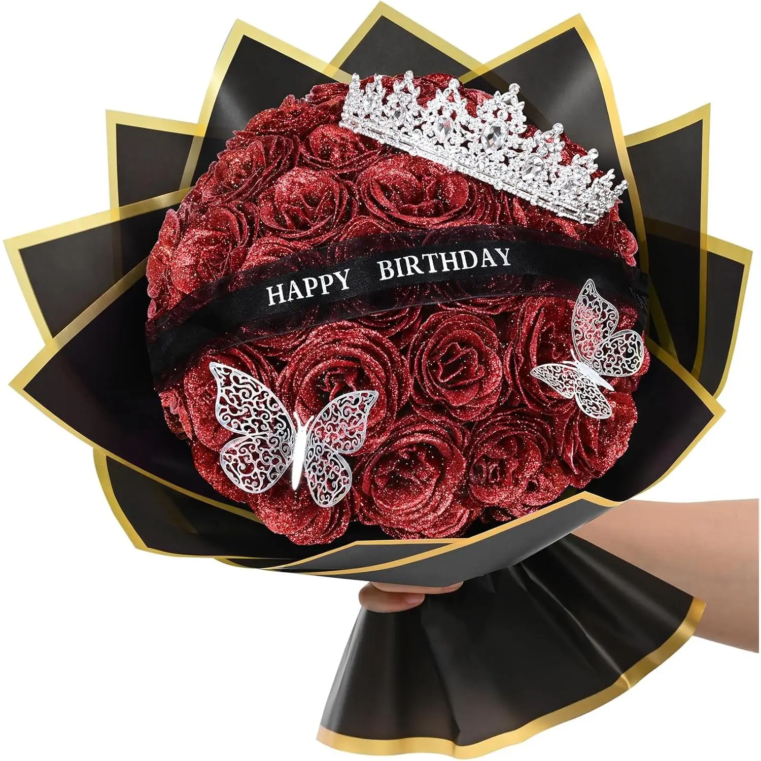 Glitter Roses Bouquet, Birthday Gifts for Women Mom, DIY   Bouquet with Birthday Stand-Up Signs, 36 Red Rose for Grandma Wife Friends