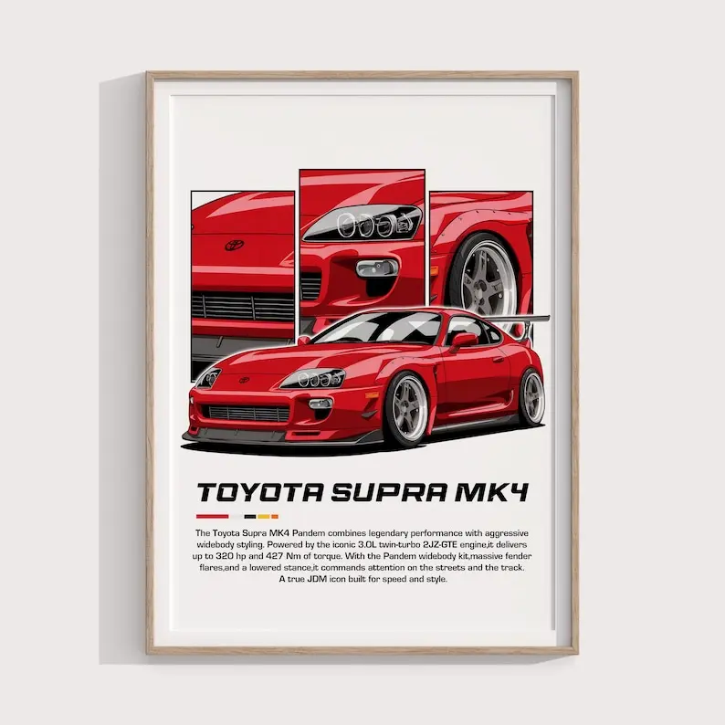 Retro Toyota Supra MK4 Poster Vintage JDM Print for Car Enthusiasts Classic Import Wall Art & Garage Decor - No Frame