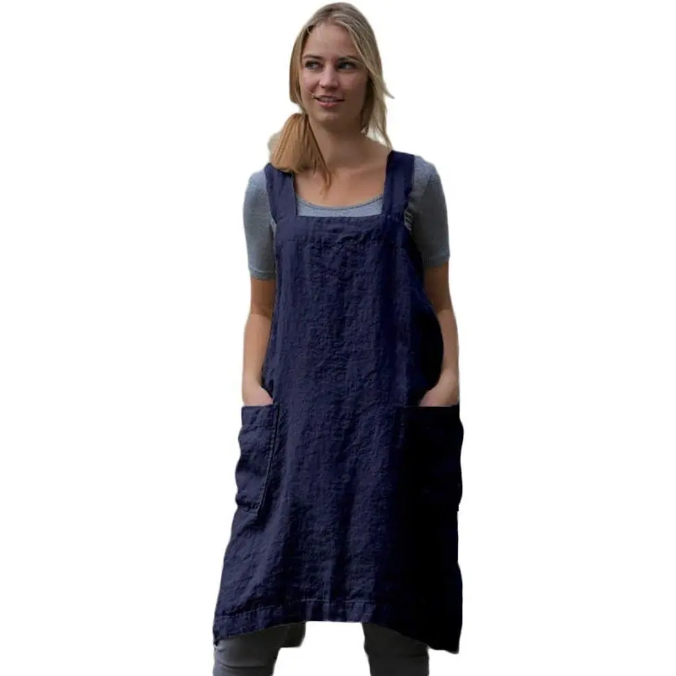 Larmliss Women's Pinafore Square Apron Baking Cooking Gardening Works Linen with 2 Pockets Cross Back
