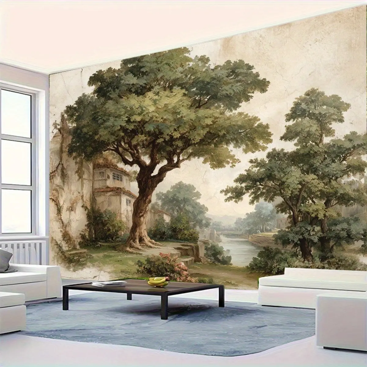 1pc Vintage 1800s Style 2D Flat Polyester Forest Tapestry Backdrop - Serene Green Landscape, Trees & Misty Sky Green Wall Decor, Room Art for Indoors, Photography Studio Background