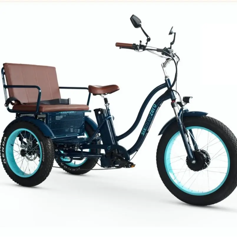 EVRY journey Electric Tricycle Rickshaw 750W with Passenger Seat - Blue & Turquoise Wheels, Brown Seat, UL Certified