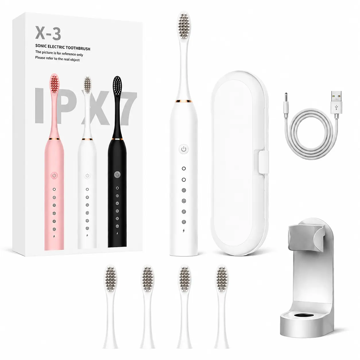 Adult Sonic Electric Toothbrush, Rechargeable Set with 4 Replacement Heads, Travel Case, Holder, USB Charging Cable, 6 Cleaning Modes, IPX7 Waterproof