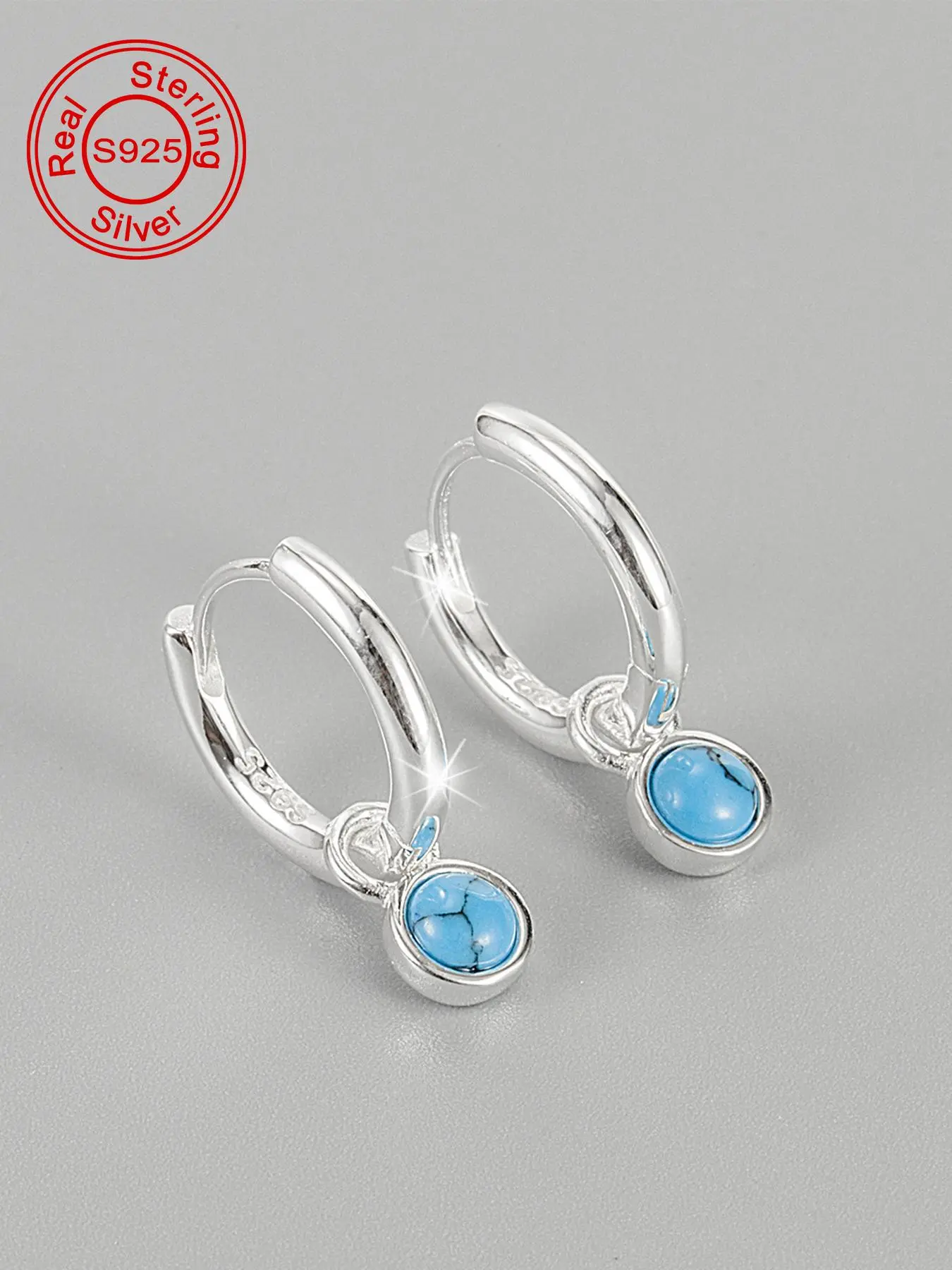 925 Sterling Silver Fashion Blue Turquoise Decor Hoop Earrings, Elegant Jewelry for Women, Trendy All-match & Exquisite Jewelry for Birthday Gift, Fashionable Hoop Earrings
