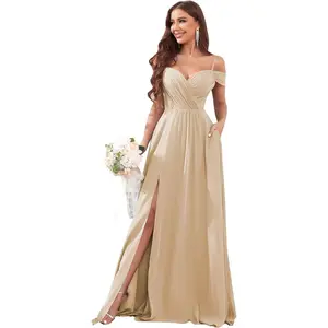 Women's Off Shoulder Bridesmaid Dresses Long Slit Chiffon Ruched Evening Formal Dress with PocketsWomen's clothing