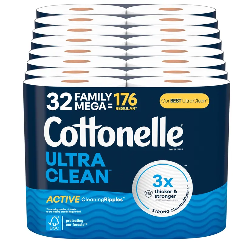 Ultra Clean Toilet Paper - 32 Family Mega Rolls - 353 Sheets per Roll - 8 Packs of 4 - Active CleaningRipples Texture - Unscented Disposable Wipes
