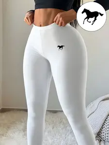 “2026 Year of the Horse High Waisted Leggings for Women - Buttery Soft Stretch Tummy Control Yoga Pants, Trendy White Workout Leggings with Cute Horse Print, Squat Proof Gym Leggings for Fitness, Casual Streetwear,