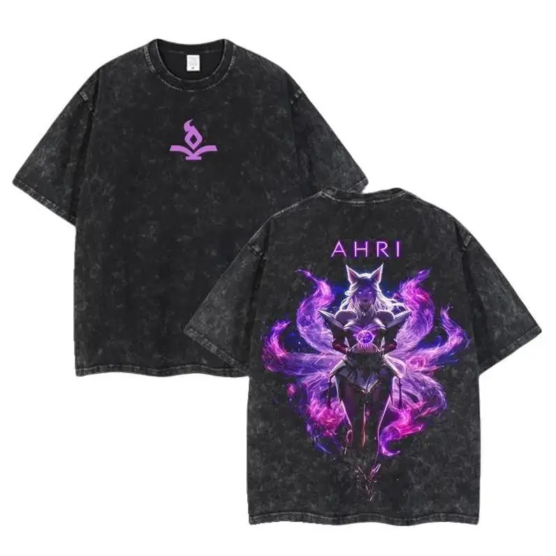 Retro Prestige Ahri Vintage Tee – Limited Edition League of Legends Game Shirt, Acid Washed Lightweight Cotton T-Shirt, Classic Nine-Tailed Fox Spirit Design, Perfect Gift for Gamers & LoL Fans