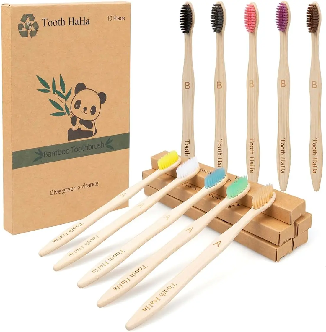 Bamboo Toothbrushes, Panda Pattern 10 Pack BPA-Free Soft Tapered Bristles, Eco-Friendly, Natural Wooden, Green Toothbrush, Organic Toothbrushes Travel Set