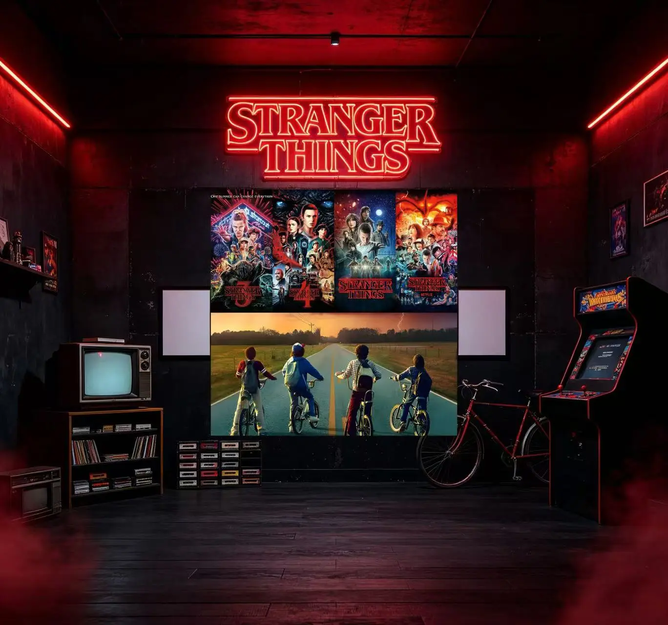 Retro 80s Sci-Fi Horror Canvas Poster, Stranger Inspired Neon Red Aesthetic Wall Art Print, Vintage TV Show Vibe Artwork, Framed Home Decor for Bedroom Game Room Man Cave Dorm, Ideal Gift for Sci-Fi Horror Fans & Retro Pop Culture Lovers, Wall Decor, One-