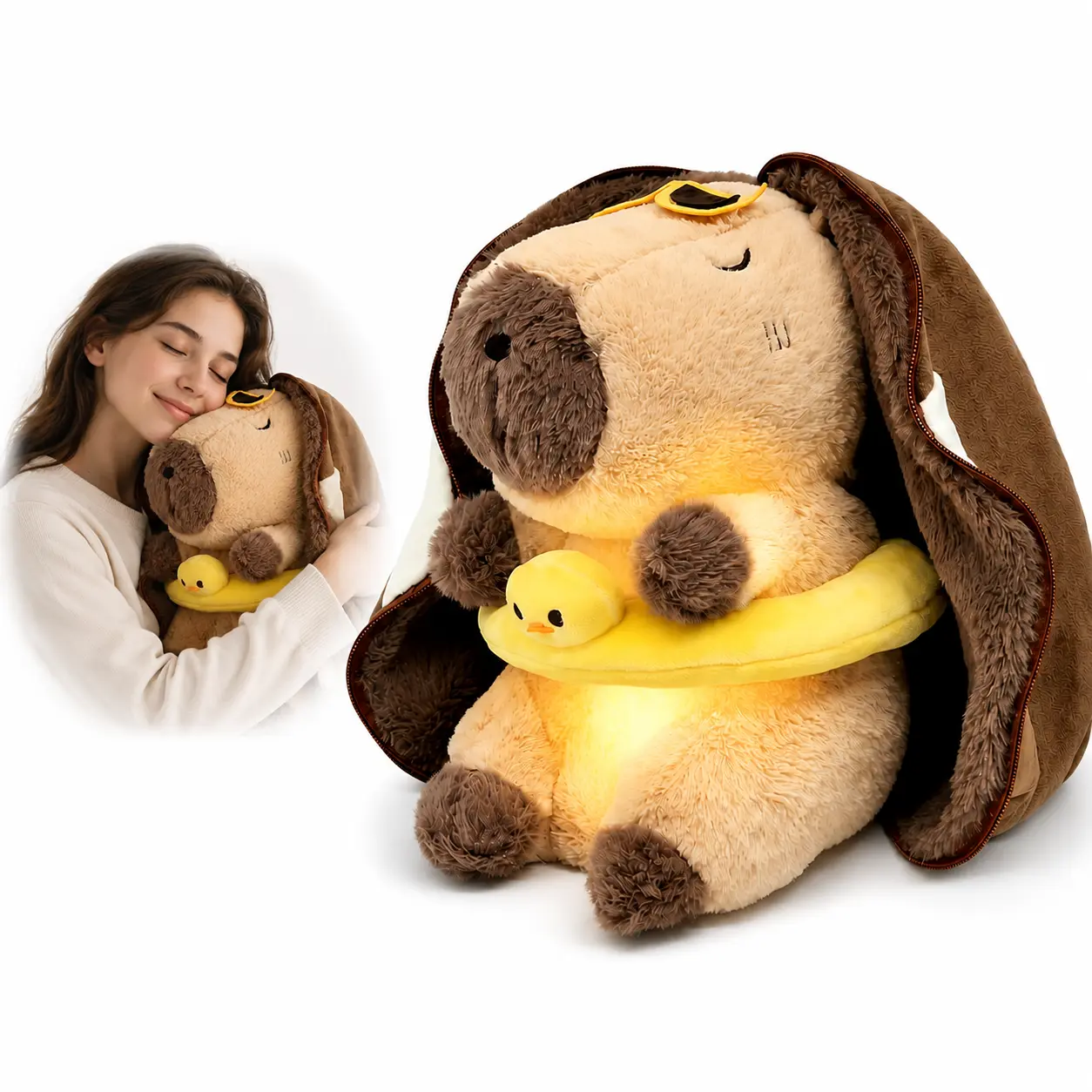 Breathing Capybara Plush Toy with Soft Glow, Light Up Stuffed Animal for Sleep and Cuddles, Cute Capybara Plush with Duck Ring and Cozy Blanket, Comfort Plush for Kids, Toddlers, Girls, Boys, Bedroom Decor, Baby Shower, Birthday, Christmas Gift Idea