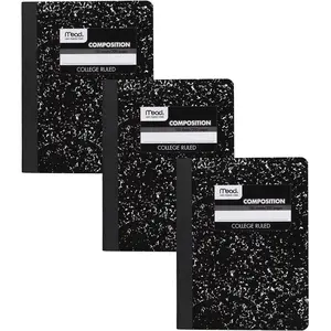 Composition Notebook, 3 Pack, College Ruled Paper, 7-1/2" x 9-3/4", 100 Sheets per Comp Book, Black Marble (38111)