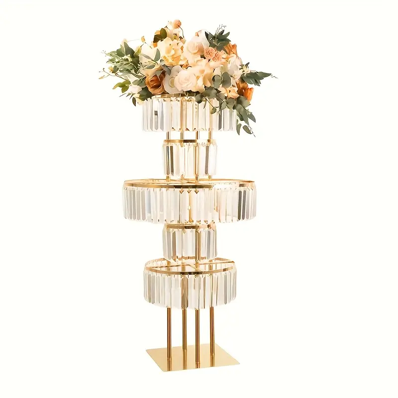Modern 5-Layer Round Metal Wedding Vase Centerpiece with Hanging Crystal Drop Accent, Chandelier Base for T-Stage Road Guide Flower Arrangement, Artistic Decorative Vases for Home Decor Christmas Events