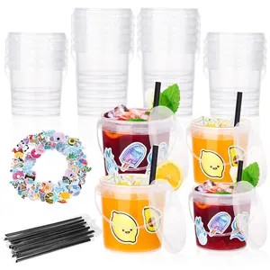 30 Pcs Drink Buckets with Lids and Straws for Parties 15x 23oz + 15x 32oz Cocktails Buckets Reusable Clear Plastic Food Containers with 50 Pcs Summer Stickers