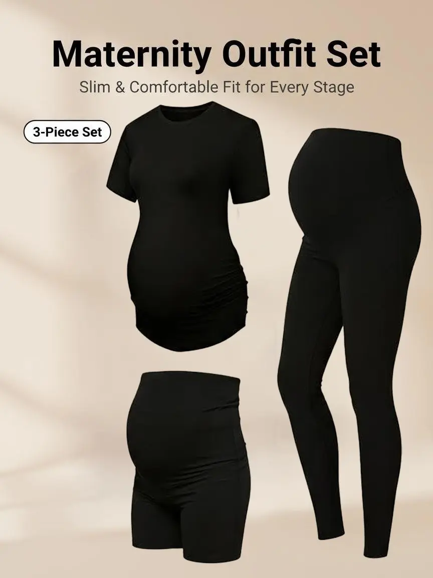 3-Piece Maternity Outfit Set for Women, 2-in-1 Maternity Shorts & Leggings Set, Slim & Comfortable Pregnancy Clothes for All Stages
