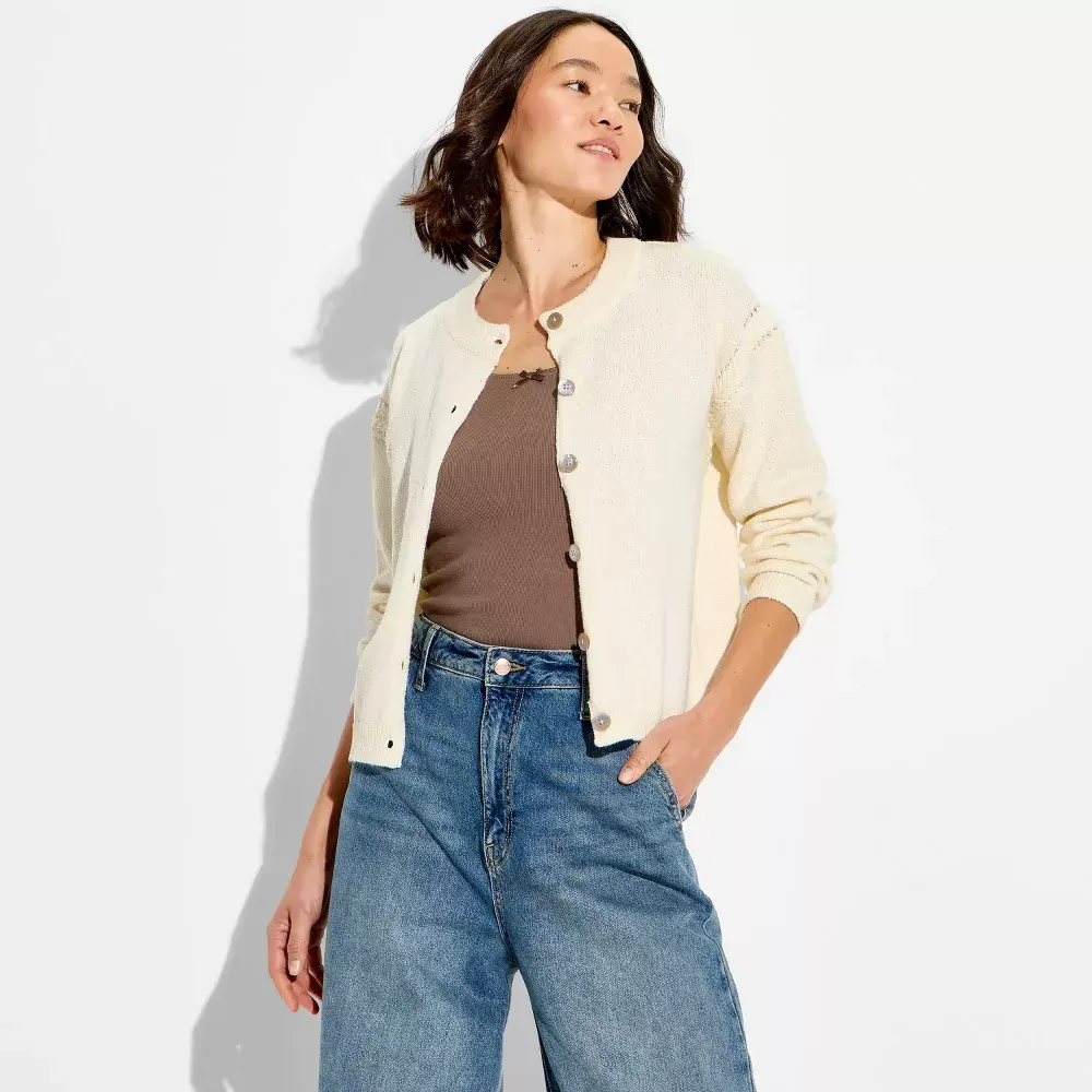 Women's Crewneck Cable Trim Cardigan - Wild Fable