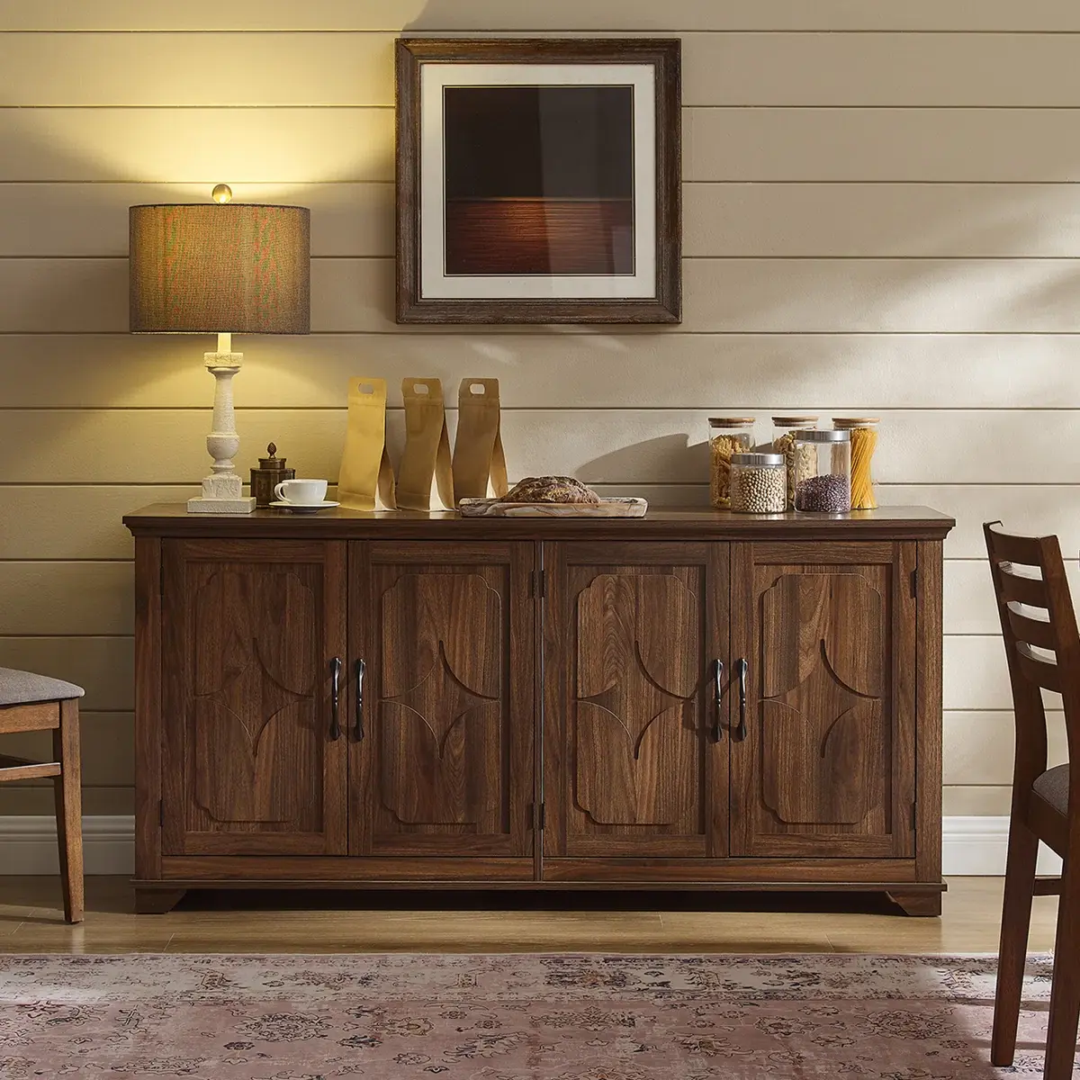 【DealsforYouDays】ONBRILL 63" Sideboard Buffet with 4 Carved Doors, Modern Storage Cabinets with Adjustable Shelves for Kitchen, Living Room Furniture