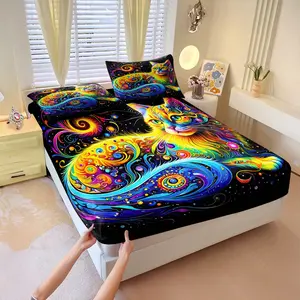 Fantasy-themed cat print fitted sheet set,Includes 1 Fitted Sheet & 2 Pillowcases without Filler,Romantic and mysterious,Comfortable and soft,Suitable for all seasons,Perfect for home bedrooms and hotels, Bed Sheets Set