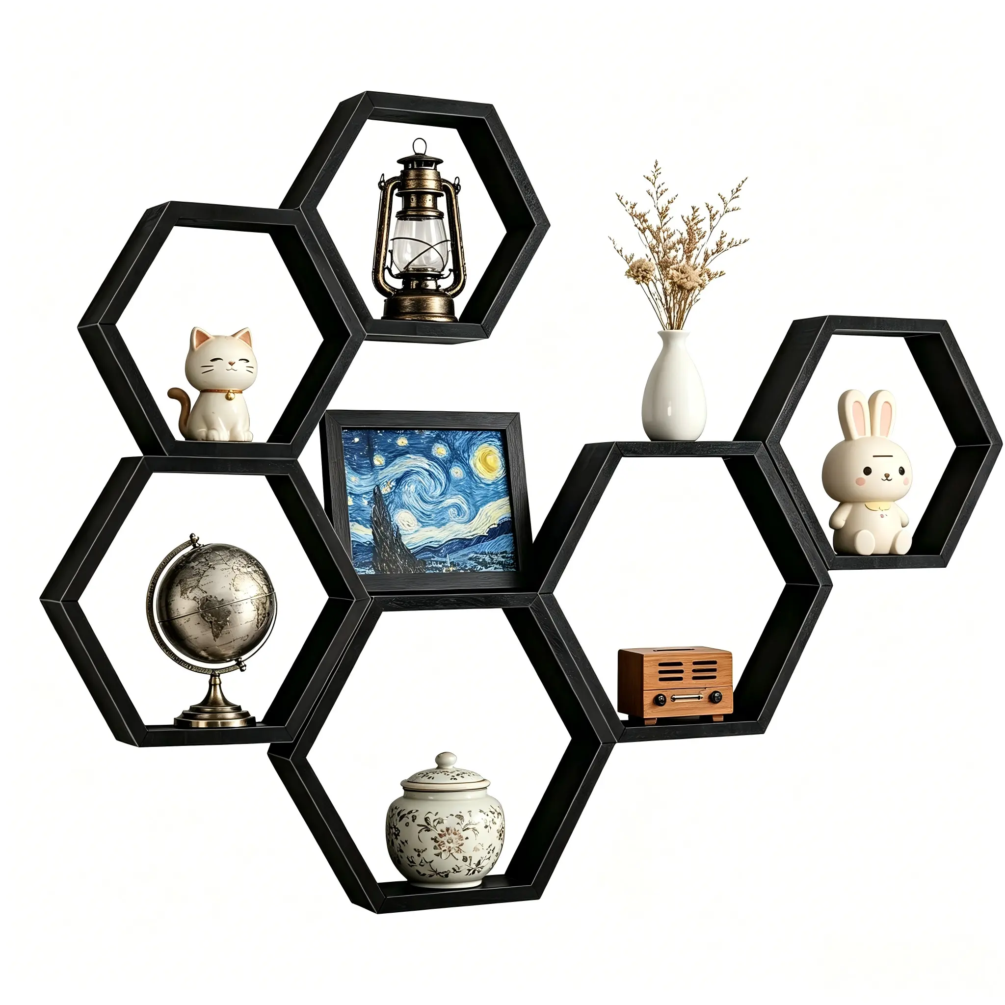 Hexagon Floating Shelves Set of 6, Black Solid Wood Honeycomb Wall Shelves, Farmhouse Geometric Wall Mounted Display Storage Shelves for Living Room Bedroom Office Home Decor