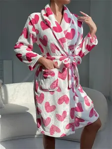 Women's Cute Floral Strawberry Print Wrapped Belted Flannel Lounge Robe, Casual Pastel Cute Long Sleeve Pocket Shawl Collar Thermal Robe, Fluffy Pajamas, Bridal Robes, Womens Clothes, Loungewear, Homewear, Nightwear