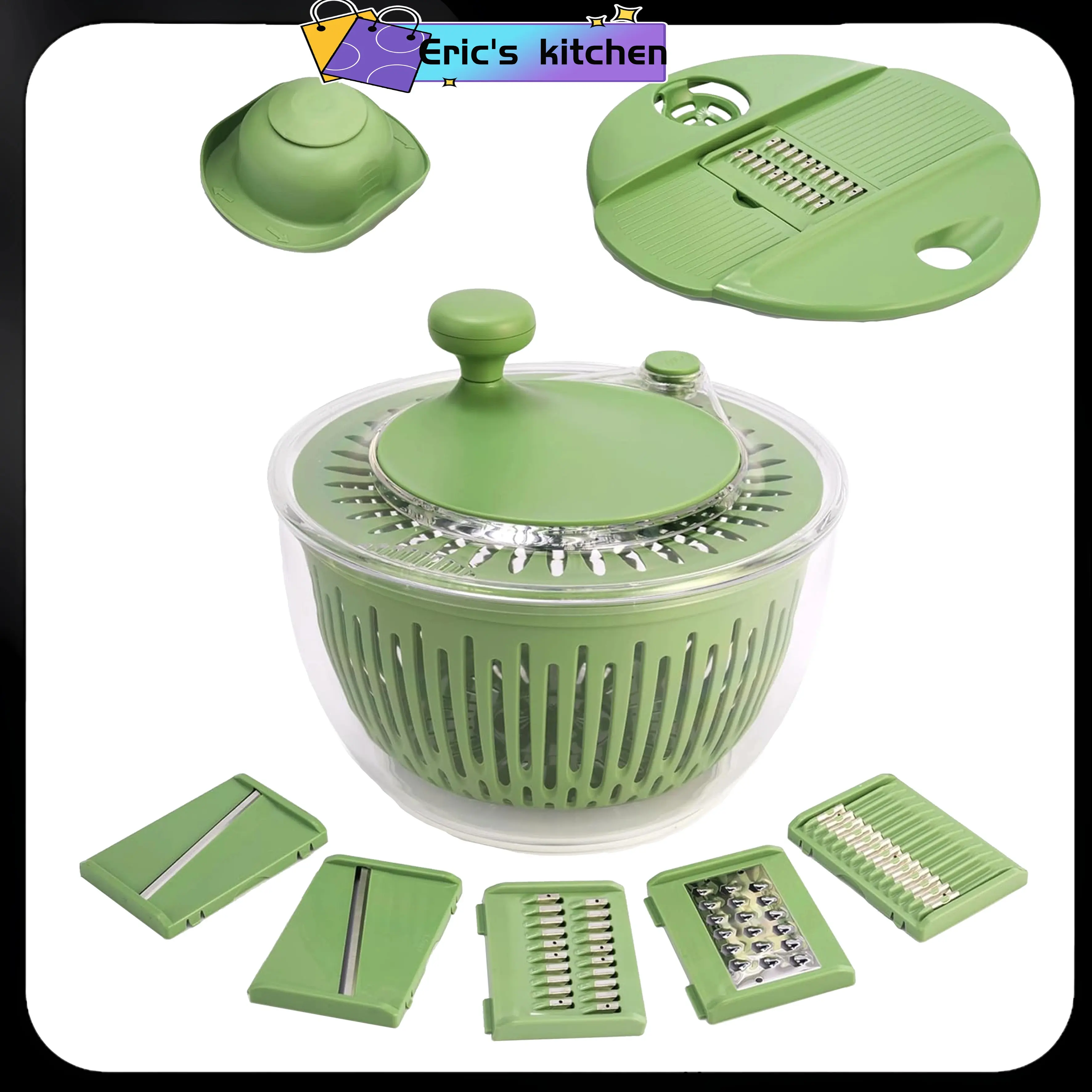 Large Stainless Steel Salad Spinner - 4.25Qt Kitchen Food Prep Tool with Vegetable Wash Basket, Fruit & Herb Lettuce Dryer, 5-Blade Slicer, Shredder, and Egg Yolk Strainer