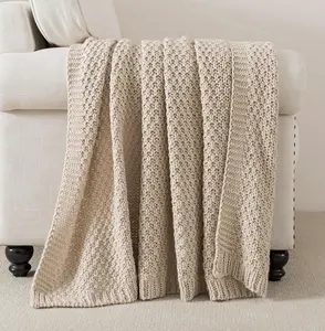 Chunky  Knit Throw Blanket Super Soft Warm Knitted Throw Blanket for Couch, Sofa, Chair, Bed Lightweight Breathable Cozy Comfortable  Decorative Camel Tan Beige 50x60 Inches