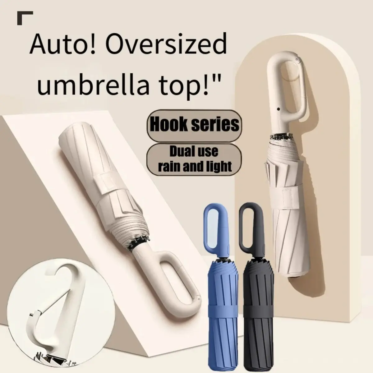 Extra Large Automatic Umbrella for Rain Sun UV Protection Windproof Folding Umbrella Compact Travel Umbrella Hands-Free Backpack Lightweight Portable Student Umbrella Black Coating