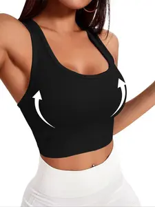 Women's Solid Wireless U Neck Ribbed Athletic Fitted Sports Bra, Yoga Sports Bra, Breathable Comfortable Sports Bra, Ladies Sportswear for Indoor Outdoor Wear
