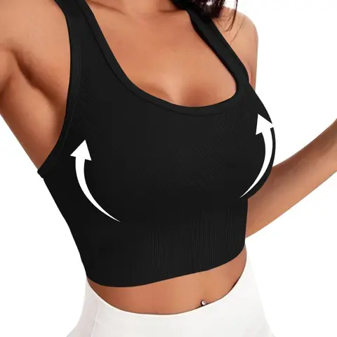 Women's Solid Wireless U Neck Ribbed Sports Bra, Breathable Comfortable Sports Bra, Ladies Sportswear for Indoor Outdoor Wear, Stretch Sports Bra