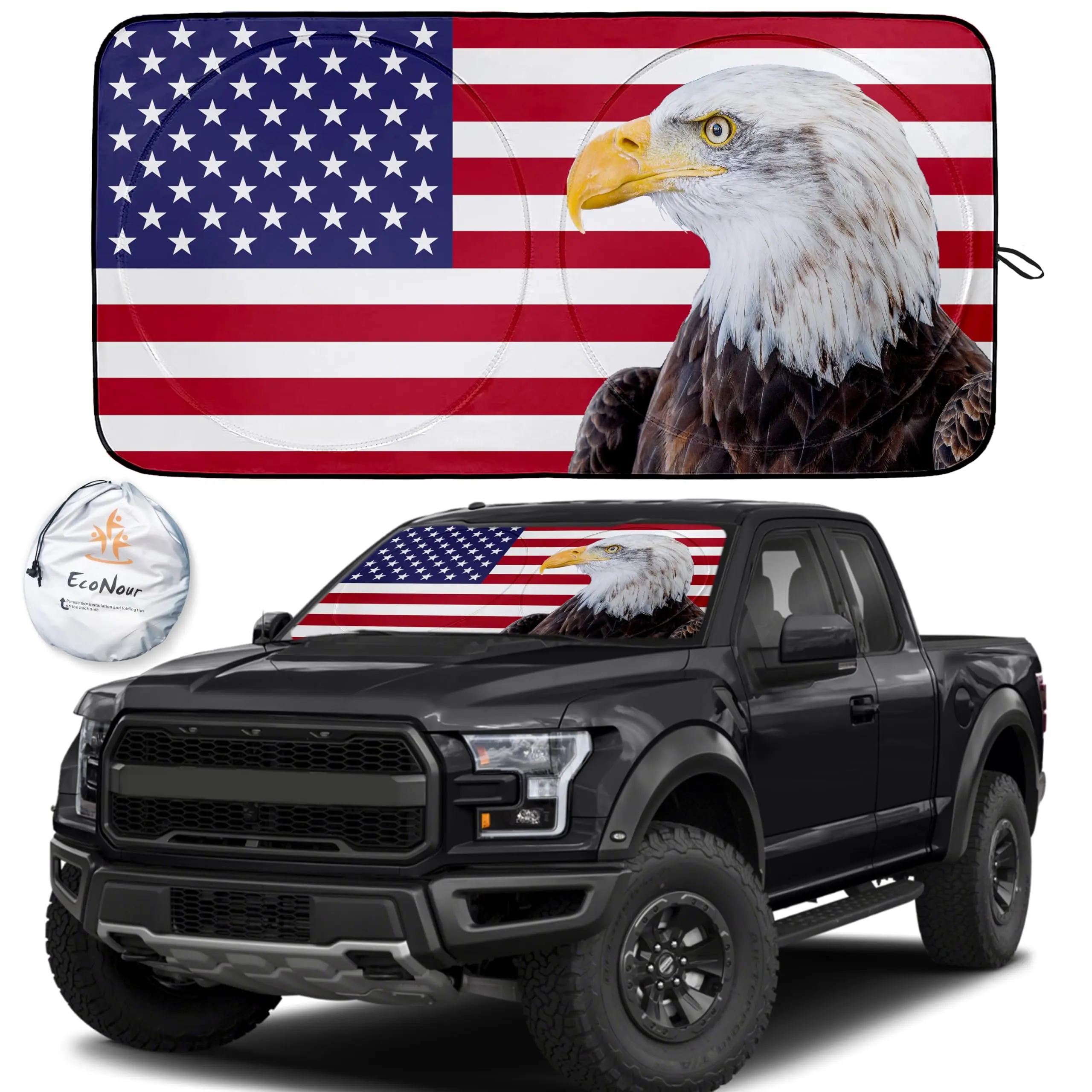 EcoNour Patriotic Car Window Shade - 64"x32" UV-Protective Durable Sun Shade, Exterior Automotive Windshield Accessory, Car Window Shades