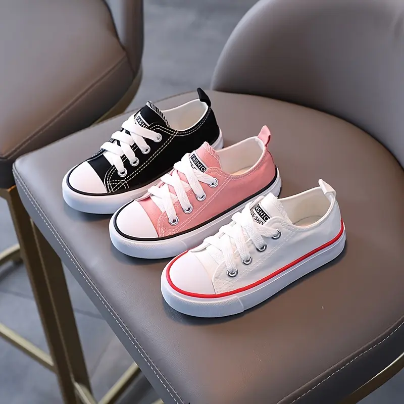 Kids' Low-Top Canvas Sneakers - Breathable Inner Perforation, Durable Rubber Sole, Lightweight & Comfortable, Black/White/ Pink, Lace-Up Design for Boys & Girls, Casual Spring Shoes |     Laceup Sneakers |     Canvas Upper Sneaker