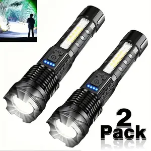 2PCS 5-Mode Zoomable LED handheld Flashlight with COB Side Light, USB-C Charging & Power Display, 8H Runtime, Detachable Clip garden use nighttime security