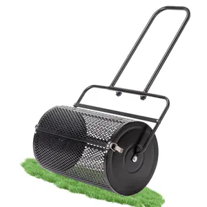 24 Inch Compost Spreader For Lawn, Garden Peat Moss Roller With Double Side Latches, Powder Coated Steel Mesh Basket For Topdressing & Seedling, Black