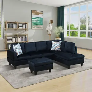 Summervibes Midnight Blue Microfiber 3-Piece Living Room Sofa Set